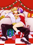  1boy 1girl :d alternate_costume ass back bangs bare_shoulders blonde_hair blush boots box bracelet breasts checkered checkered_floor christmas dress fang fate/grand_order fate_(series) fur_trim gift gift_box gloves hat horns jewelry looking_at_viewer necklace oni oni_horns open_mouth purple_hair red_dress red_footwear red_gloves sack sakata_kintoki_(fate/grand_order) santa_boots santa_costume santa_gloves santa_hat shiromako short_hair shuten_douji_(fate/grand_order) small_breasts smile strapless strapless_dress sunglasses violet_eyes 