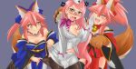  3girls angry animal_ears bell bell_collar black_legwear blush blush_stickers breasts choker collar collarbone detached_sleeves fangs fate/grand_order fate_(series) fox_ears fox_tail glasses gloves grey_background hair_ribbon hat highres japanese_clothes jingle_bell koyanskaya large_breasts long_hair looking_at_viewer meierufu midriff multiple_girls one_eye_closed open_mouth pantyhose paw_gloves paws pink_hair ponytail ribbon ribbon_choker simple_background tail tamamo_(fate)_(all) tamamo_cat_(fate) tamamo_no_mae_(fate) thigh-highs very_long_hair white_gloves white_legwear yellow_eyes 
