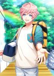  a3! backpack bag blue_eyes bridge eyebrows_visible_through_hair foreshortening forest highres looking_at_viewer male_focus nature official_art open_mouth outstretched_hand pink_hair rainbow reaching reaching_out sakisaka_muku smile solo water waterfall 