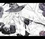  1girl absurdres bare_shoulders black_cape breasts cape closed_mouth collarbone dorothy_(shingeki_no_bahamut) eyebrows_visible_through_hair greyscale hair_between_eyes hat highres jewelry long_hair looking_at_viewer monochrome mugo_(mugokii) necklace shadowverse shingeki_no_bahamut small_breasts smile solo sparkle staff witch witch_hat 