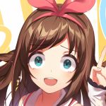  1girl :d a.i._channel aqua_eyes bow brown_hair close-up crazy_eyes eyebrows_visible_through_hair hair_bow hairband hand_up hiroshiko_(restart) kizuna_ai long_hair multicolored_hair open_mouth pink_bow pink_hair pink_hairband round_teeth sailor_collar smile solo streaked_hair teeth 