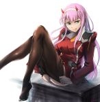  1girl :q aqua_eyes ass bangs black_legwear breasts closed_mouth commentary_request darling_in_the_franxx eyebrows_visible_through_hair hair_between_eyes headband herozu_(xxhrd) horns knees_up legs_together long_hair long_sleeves looking_at_viewer medium_breasts pantyhose pantyhose_pull pink_hair red_shirt shiny shiny_hair shirt simple_background sitting smile solo tongue tongue_out uniform white_background white_headband zero_two_(darling_in_the_franxx) 