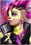  1girl absurdres alternate_costume alternate_hairstyle commentary dark_skin earrings eyelashes eyeliner eyeshadow facial_tattoo fingernails high_collar highres hoop_earrings jewelry lipstick long_fingernails los_muertos_sombra makeup mohawk mole mole_under_eye nail_polish nose overwatch petri_rahkola pink_hair portrait purple_lipstick purple_nails solo sombra_(overwatch) spiky_hair tattoo undercut violet_eyes 