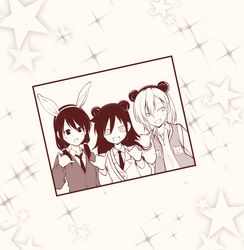  3girls :d animal_ears bags_under_eyes blazer blush cardigan commentary_request fake_animal_ears girl_sandwich hairband jacket kuroki_tomoko letterman_jacket monochrome mouse_ears multiple_girls necktie open_mouth picture_(object) pose rabbit_ears sandwiched satou_yuuki smile sparkle_background star starry_background tamura_yuri watashi_ga_motenai_no_wa_dou_kangaetemo_omaera_ga_warui! yoshida_masaki 