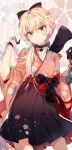  1girl alternate_costume arm_up bag black_gloves blonde_hair blush bow braid breasts chocho_(homelessfox) choker closed_mouth eyebrows_visible_through_hair eyes_visible_through_hair floral_background floral_print flower girls_frontline gloves hair_bow hair_ribbon hakama hakama_skirt half_gloves hand_in_hair head_tilt high-waist_skirt holding holding_hair japanese_clothes kinchaku long_hair looking_at_viewer obi ots-14_(girls_frontline) pouch ribbon sash skirt smile solo standing thigh-highs tsurime very_long_hair wide_sleeves wind wind_lift yellow_eyes 