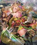 3girls back bangs bare_shoulders blonde_hair blue_eyes boots closed_mouth floral_print from_behind hair_ornament high_heel_boots high_heels holding holding_sword holding_weapon japanese_clothes katana kimono liduke looking_at_viewer looking_back mole mole_under_eye multiple_girls obi off_shoulder official_art outdoors sash sengoku_saga short_kimono smile solo_focus standing standing_on_one_leg sword thigh-highs thigh_boots twintails watermark weapon 