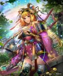  1girl animal_ears armor arrow bangs bird blonde_hair blunt_bangs bracer branch bridal_gauntlets contrapposto cowboy_shot day fingernails hairband japanese_armor japanese_clothes jewelry katana kusazuri liduke long_hair looking_at_viewer nature obi official_art outdoors parent parted_lips pelvic_curtain quiver ring sash scabbard sengoku_saga sheath sheathed solo sparrow standing sword thigh-highs tree violet_eyes watermark weapon white_legwear 