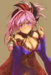  1girl breasts character_request cleavage covered_nipples dango detached_collar detached_sleeves earrings fate/grand_order fate_(series) food highres jewelry large_breasts looking_at_viewer magatama miyamoto_musashi_(fate/grand_order) osabachan pendant pink_hair solo violet_eyes wagashi wide_sleeves 
