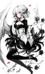  1girl absurdres artist_name black_legwear black_neckwear bow braid breasts cleavage collarbone commentary_request dress eyebrows_visible_through_hair feathered_wings flower french_braid full_body greyscale hair_ornament high_heels highres kishin_sagume limited_palette long_sleeves looking_at_viewer medium_breasts monochrome red_eyes red_flower red_rose rose sheya shoe_bow shoes short_hair signature simple_background single_wing solo spot_color thigh-highs touhou white_background wide_sleeves wings yin_yang zettai_ryouiki 