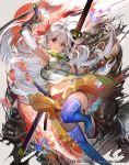  1girl ahoge armpits bare_shoulders blue_legwear breasts elbow_gloves emperors_saga fingerless_gloves gloves green_scarf hair_between_eyes heterochromia highres holding holding_sword holding_weapon jumping katana knee_up liduke long_hair looking_at_viewer medium_breasts official_art parted_lips platform_footwear red_eyes sandals scabbard scarf sheath silver_hair skirt smile solo sword thigh-highs violet_eyes watermark weapon yellow_skirt 