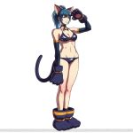  1girl animal_ears bell bell_choker bikini black_bikini blue_hair breasts cat_ears cat_tail choker cleavage detached_sleeves earrings full_body gloves green_eyes highres jewelry jingle_bell kemonomimi_mode leona_heidern medium_breasts navel official_art paw_gloves paw_shoes paws salute shoes snk snk_heroines:_tag_team_frenzy solo standing swimsuit tail the_king_of_fighters toned white_background 