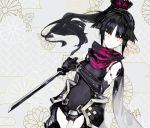  1girl android bangs bare_shoulders black_gloves black_hair black_leotard breasts closed_mouth covered_navel cowboy_shot dutch_angle elbow_gloves eyebrows eyebrows_visible_through_hair facing_viewer fate/grand_order fate_(series) floral_background flower frown gloves hair_ribbon high_ponytail holding holding_sword holding_weapon katou_danzou_(fate/grand_order) kusakanmuri leaf legs_apart leotard long_hair looking_away looking_to_the_side medium_breasts no_nose parted_bangs pink_ribbon pink_scarf ribbon robot_joints scarf silver_background solo standing sword weapon white_skin yellow_eyes 