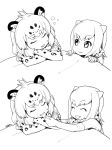  2girls 2koma :d ^_^ closed_eyes comic crossed_arms elbow_gloves extra_ears eyebrows_visible_through_hair fingerless_gloves gloves greyscale jaguar_(kemono_friends) jaguar_ears jaguar_print kemono_friends looking_at_another mizu monochrome multiple_girls open_mouth otter_ears print_gloves short_hair silent_comic sleeping small-clawed_otter_(kemono_friends) smile tongue tongue_grab tongue_out v-shaped_eyebrows 