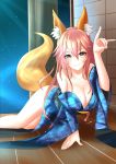  :3 alternate_costume animal_ears bare_shoulders blush breasts cleavage collarbone fate/extra fate/grand_order fate_(series) fox_ears fox_shadow_puppet fox_tail highres japanese_clothes large_breasts long_hair looking_at_viewer lying off_shoulder pink_hair rua_(abcd29211) tail tamamo_(fate)_(all) tamamo_no_mae_(fate) yellow_eyes 