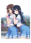  1boy 2girls :/ ;d absurdres bangs black_hair blurry blurry_background blush bottle brown_eyes brown_hair cowboy_shot dated day depth_of_field eyelashes hand_on_another&#039;s_shoulder hibike!_euphonium highlights highres holding holding_bottle kousaka_reina leaning_forward long_hair looking_at_viewer looking_to_the_side multicolored_hair multiple_girls neckerchief one_eye_closed open_mouth oumae_kumiko outdoors outside_border pink_neckwear railing round_teeth school_uniform serafuku shirt short_hair short_sleeves smile standing tareme teeth violet_eyes watch watch water water_bottle waving white_shirt worst_(am-worst) 