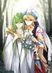  2boys bare_shoulders blonde_hair bracer commentary_request earrings enkidu_(fate/strange_fake) eyebrows_visible_through_hair fate/grand_order fate_(series) faulds fern flower forest gauntlets gem gilgamesh gilgamesh_(caster)_(fate) gorget green_hair head_wreath head_wreath_removed headpiece holding horns hug hug_from_behind jewelry kangetsu_(fhalei) light_particles long_hair long_sleeves male_focus multiple_boys nature outdoors red_eyes robe single_gauntlet smile standing tree turban white_robe wide_sleeves yellow_eyes 
