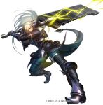  1boy armor attacking_viewer bangs blue_pants boots cleaver closed_mouth coat eyes_visible_through_hair foreshortening full_body gauntlets holding holding_weapon huge_weapon jacket liduke long_hair long_sleeves looking_at_viewer monster_hunter official_art pants pointy_boots scar scar_across_eye shoulder_pads silver_hair simple_background solo watermark weapon white_background 