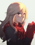  1girl alisa_ilinichina_amiella artist_name blonde_hair blush breath closed_mouth from_side god_eater grey_background hair_between_eyes koyorin light_particles lips long_hair looking_at_viewer looking_to_the_side mittens no_hat no_headwear plaid plaid_scarf red_eyes red_mittens red_scarf scarf solo sunlight 