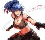  1girl attack bangs bare_shoulders belt black_gloves blood blue_eyes blue_hair breasts cleavage closed_mouth commentary_request cowboy_shot dog_tags eyebrows_visible_through_hair frown gloves large_breasts legs_apart leona_heidern lolicept looking_at_viewer metal_slug midriff pants ponytail solo tank_top whistle 