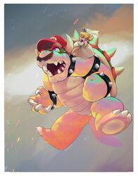  1boy blonde_hair bowser dress facial_hair fangs hat highres mario super_mario_bros. midair monster_boy mustache open_mouth possessed princess_peach semilex spiked_shell spoilers super_mario_bros. super_mario_odyssey tears 