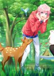  1boy a3! bird blue_eyes blush deer forest highres male_focus nature official_art open_mouth pink_hair rabbit sakisaka_muku smile 