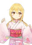  1girl alternate_costume artist_name blonde_hair cowboy_shot dated floral_print gradient_kimono highres japanese_clothes kaede_shiroppu kantai_collection kimono long_hair looking_at_viewer obi pink_kimono sash satsuki_(kantai_collection) simple_background smile solo twintails w_arms white_background yellow_eyes 