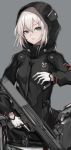  1girl akira_(aristole) black_jacket buckle eyewear_removed girls_frontline gloves grey_background grey_eyes gun hair_between_eyes hand_up holding holding_gun holding_weapon hood hooded_jacket jacket kel-tec_ksg ksg_(girls_frontline) open_mouth short_hair shotgun silver_hair simple_background solo trigger_discipline weapon white_gloves 