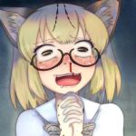  1girl :d animal_ears blonde_hair blood blush bow bowtie brown-framed_eyewear brown_eyes cat_ears drooling eyebrows_visible_through_hair glasses horizontal_pupils kemono_friends margay_(kemono_friends) nose_blush nosebleed open_mouth saliva shirt smile solo t_jiroo_(ringofriend) upper_body white_shirt 