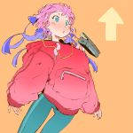  1girl :o andrea_cofrancesco blue_pants blush cassette_player cassette_tape dice dice_earrings directional_arrow earrings facial_mark fingernails hood hood_down hoodie jewelry long_sleeves orange_background original pants parted_lips photoshop pink_hair short_hair solo zipper 