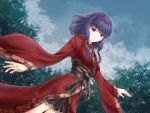  1girl artist_request character_request copyright_request eyebrows_visible_through_hair floating_hair fringe highres japanese_clothes kimono long_sleeves looking_at_viewer outdoors parted_lips purple_hair red_kimono short_hair violet_eyes wide_sleeves 