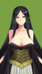  1girl absurdres arsim bangs bare_shoulders black_hair breasts cleavage closed_mouth collarbone corset detached_sleeves dress green_background hair_ornament highres large_breasts long_hair looking_at_viewer mahou_tsukai_no_yome parted_bangs plant sidelocks simple_background smile solo strapless strapless_dress titania_(mahou_tsukai_no_yome) upper_body very_long_hair vines violet_eyes wide_sleeves 