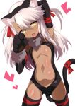  1girl absurdres animal_ears arm_behind_head arm_up armpits black_gloves black_legwear black_leotard cat_ears cat_tail center_opening chloe_von_einzbern dark_skin elbow_gloves fake_animal_ears fate/kaleid_liner_prisma_illya fate_(series) flat_chest gloves hairband highres leotard long_hair open_mouth paw_gloves paw_pose paws pink_hair shimejinameko smile solo tail thigh-highs two_side_up yellow_eyes 