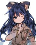  1girl blue_eyes blue_hair bracelet debt hair_ribbon hood hoodie jewelry long_hair looking_at_viewer one_eye_closed ribbon sad_smile sato_imo solo tears touhou translation_request upper_body yorigami_shion 