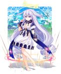  1girl absurdly_long_hair barefoot blurry blurry_background breasts dress drill_hair full_body grey_hair hair_wings halo long_hair looking_at_viewer nyori original outdoors puffy_short_sleeves puffy_sleeves short_sleeves small_breasts solo standing very_long_hair violet_eyes white_dress 