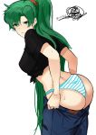  1girl absurdres ass blush breasts dotentity fire_emblem fire_emblem:_rekka_no_ken fire_emblem_heroes green_eyes green_hair high_ponytail highres large_breasts leaning_forward long_hair lyndis_(fire_emblem) panties pants parted_lips ponytail simple_background solo standing striped striped_panties thighs underwear white_background 