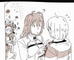 2018 3girls ? adjusting_clothes adjusting_necktie ahoge blush bow breasts closed_mouth collared_shirt comic dress eyebrows_visible_through_hair fate/grand_order fate_(series) flower flying_sweatdrops fujimaru_ritsuka_(female) glasses gloves hair_between_eyes hair_ornament hair_over_one_eye hair_scrunchie hat headpiece hood hooded_jacket jacket long_hair long_sleeves marie_antoinette_(fate/grand_order) mash_kyrielight monochrome multiple_girls necktie one_side_up rose scrunchie shirt smile sparkle sweatdrop wall 