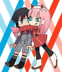  1boy 1girl :p black_hair blue_eyes bright_pupils darling_in_the_franxx eyelashes highres hiro_(darling_in_the_franxx) hug long_hair looking_at_another mato_(mozu_hayanie) pink_hair shorts tongue tongue_out uniform zero_two_(darling_in_the_franxx) 