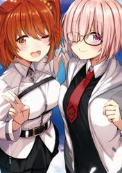  2girls ;d artist_name belt black-framed_eyewear black_legwear black_shirt black_skirt blush breast_press breasts brown_eyes eyebrows_visible_through_hair fate/grand_order fate_(series) fujimaru_ritsuka_(female) glasses hair_between_eyes hair_ornament hair_over_one_eye highres hood hooded_jacket jacket mash_kyrielight medium_breasts miniskirt multiple_girls necktie one_eye_closed open_clothes open_jacket open_mouth orange_hair pantyhose pink_eyes pink_hair pleated_skirt red_neckwear shirt short_hair side_ponytail skirt smile standing symmetrical_docking v white_jacket 