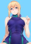  1girl artoria_pendragon_(all) bare_shoulders blonde_hair blue_background blue_eyes blush breasts covered_navel covered_nipples fate/stay_night fate_(series) looking_at_viewer one-piece_swimsuit saber simple_background solo swimsuit zucchini 