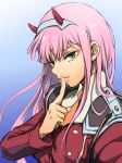  1girl bangs blue_background breasts commentary_request darling_in_the_franxx finger_to_mouth gradient gradient_background green_eyes hairband herozu_(xxhrd) highres horns index_finger_raised lips long_hair long_sleeves looking_at_viewer military military_uniform pink_hair red_shirt shiny shiny_hair shiny_skin shirt shushing smile solo uniform upper_body white_hairband zero_two_(darling_in_the_franxx) 
