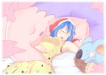 1girl alternate_costume armpits bare_arms blue_hair blush_stickers closed_eyes crossover doremy_sweet dress drooling fang hair_between_eyes hand_on_own_stomach hat komala lying musharna nightcap on_back on_stomach open_mouth pillow pokemon pokemon_(creature) pom_pom_(clothes) red_hat shibiria sleeping sleeveless sleeveless_dress smile touhou trait_connection yellow_dress 