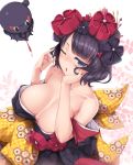  1girl bare_shoulders black_hair blue_eyes blush breasts fate/grand_order fate_(series) flower hair_flower hair_ornament hair_twirling hairpin highres japanese_clothes katsushika_hokusai_(fate/grand_order) kimono large_breasts looking_at_viewer nakano_sora obi octopus one_eye_closed open_mouth paintbrush sash short_hair solo 