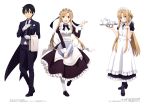  1boy 2girls absurdres apron artist_name asai_seiko asuna_(sao) black_eyes black_footwear black_hair black_legwear black_neckwear black_pants black_ribbon black_shorts black_skirt blonde_hair brown_eyes butler character_name copyright_name frilled_apron frilled_skirt frills highres kirito long_hair long_skirt looking_at_viewer maid maid_headdress multiple_girls neck_ribbon necktie one_leg_raised pants ribbon shirt short_sleeves shorts simple_background skirt smile standing standing_on_one_leg sword_art_online twintails very_long_hair white_apron white_background white_legwear white_shirt yokota_masafumi 