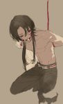  1boy ball_gag bdsm belt bondage bound brown_hair collarbone gag hanasaki_coa kashuu_kiyomitsu looking_to_the_side male_focus navel open_clothes open_shirt red_eyes rope shibari shirt solo touken_ranbu 