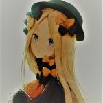 1girl abigail_williams_(fate/grand_order) bangs black_bow black_dress black_hat blonde_hair blue_eyes bow butterfly closed_mouth commentary_request dress fate/grand_order fate_(series) forehead grey_background hair_bow hat head_tilt highres long_sleeves looking_at_viewer looking_to_the_side niwa_(caffeine6v6) object_hug orange_bow parted_bangs polka_dot polka_dot_bow simple_background sleeves_past_wrists solo stuffed_animal stuffed_toy teddy_bear 