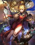  1girl bangs blonde_hair blue_scarf boots brown_eyes cape dress emperors_saga flower grey_footwear hand_on_hilt highres holding holding_sword holding_weapon liduke long_sleeves looking_at_viewer official_art red_dress rock rose scarf single_boot sitting smile solo star sword watermark weapon 