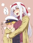  1boy 1girl :d blonde_hair blush commentary_request hair_between_eyes hat headband heart ishii_hisao kantai_collection little_boy_admiral_(kantai_collection) long_hair long_sleeves open_mouth peaked_cap red_headband red_sweater short_hair shoukaku_(kantai_collection) smile sweater tongue tongue_out translation_request white_hair yellow_eyes 