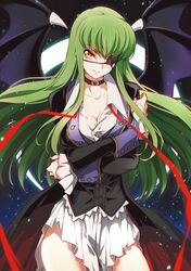  1girl bangs breasts c.c. cleavage code_geass collar creayus demon_girl demon_wings eyebrows_visible_through_hair green_hair head_tilt jacket long_hair long_sleeves looking_at_viewer parted_lips shirt sidelocks standing white_shirt wings yellow_eyes 