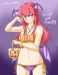  alternate_costume bare_shoulders basket bikini blush breasts cleavage collarbone commentary_request cowboy_shot eyebrows_visible_through_hair halloween hand_on_own_cheek heart highres jack-o&#039;-lantern jewelry koakuma light_smile long_hair looking_at_viewer low_wings navel necklace panties purple_background rabinidaddo red_eyes redhead side-tie_panties simple_background slit_pupils swimsuit touhou trick_or_treat underwear wings 
