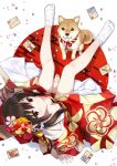  1girl amagai_tarou arm_support between_legs breasts brown_eyes brown_hair collarbone commentary_request dog floral_print flower from_above hair_flower hair_ornament hair_scrunchie hand_between_legs highres japanese_clothes kimono long_hair long_sleeves looking_at_viewer looking_up new_year no_shoes off_shoulder original scrunchie shiba_inu side_ponytail sitting socks solo white_legwear wide_sleeves 